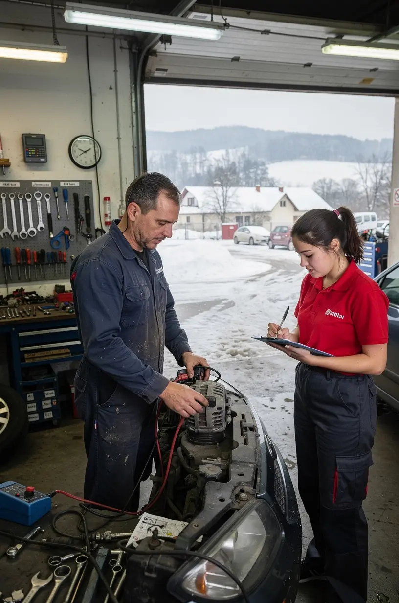 Zimný autoservis zameraný na profesionálnu kontrolu a údržbu batérií a alternátorov pre bezpečnú jazdu.